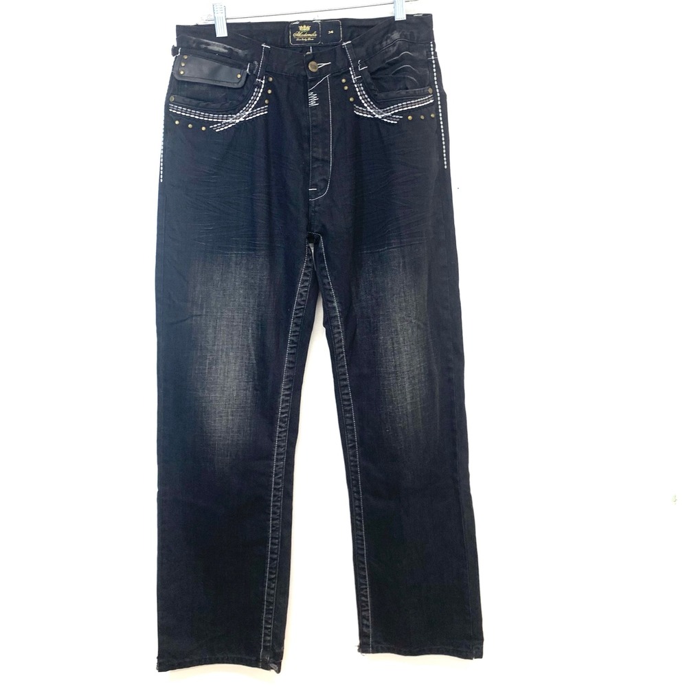 Akademiks Y2K  Black Denim Jeans Men 34‎ Studded Embroidered Relaxed Streetwear